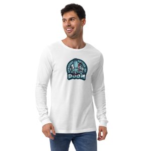 White long sleeve shirt with Gyrating Squids of Doom team logo, unisex fit