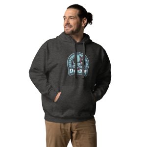 Charcoal Heather premium hoodie with Gyrating Squids of Doom logo, front pouch pocket