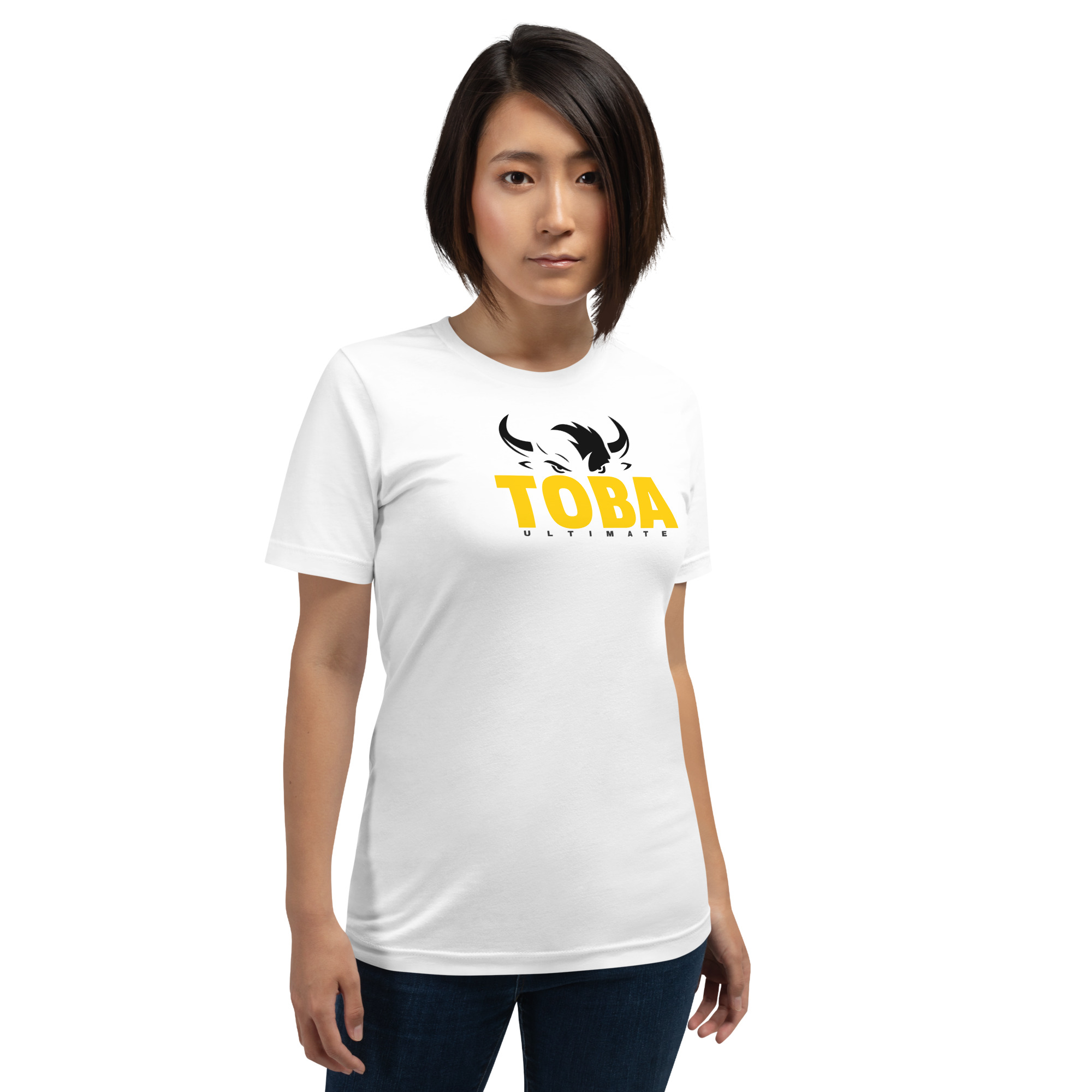 Front view of white Toba Ultimate supporter t-shirt, unisex fit