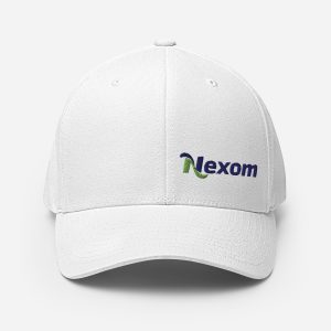 Front view of structured Flexfit hat with left-side embroidered logo in White