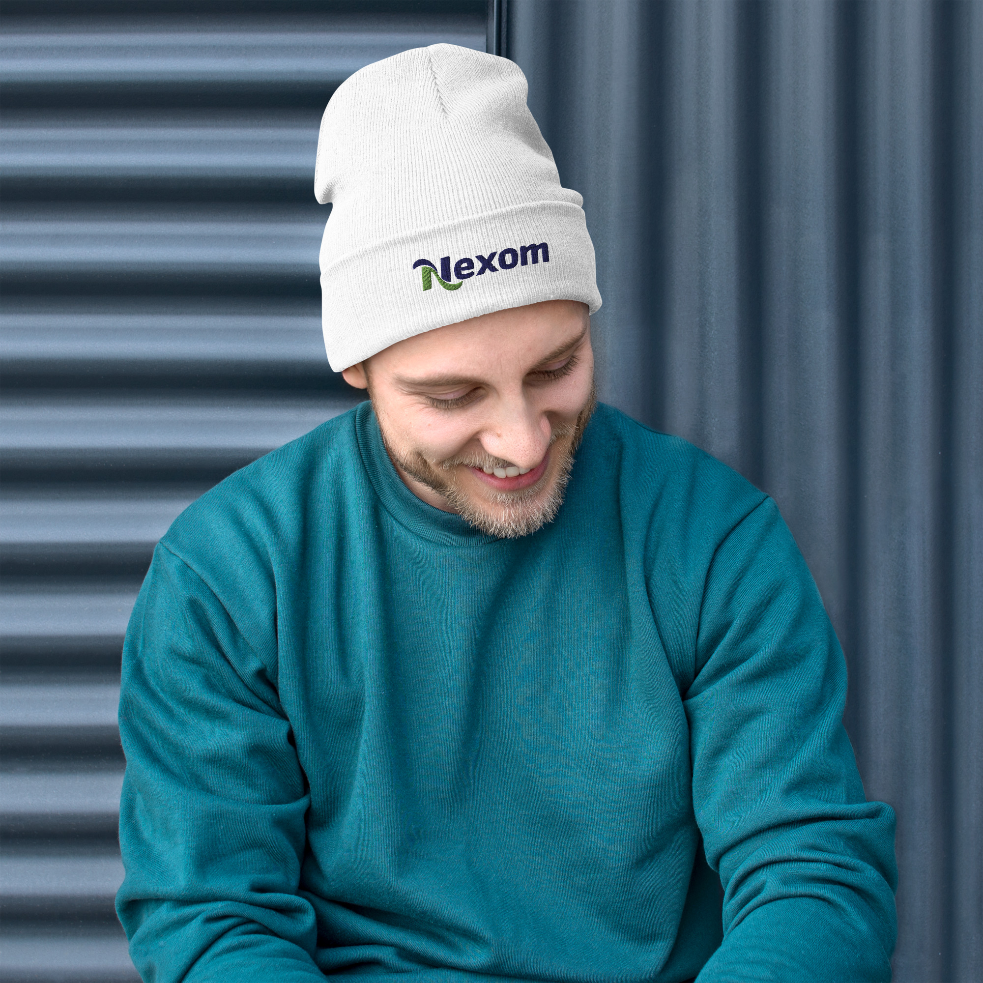 Front view of embroidered cotton-blend beanie with snug fit, one size fits most, in White