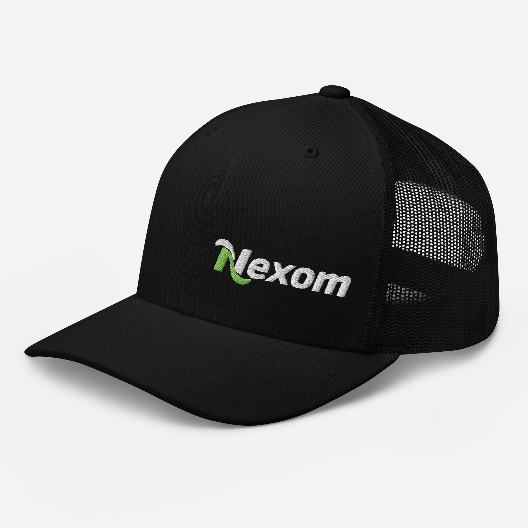 Side angle of structured trucker cap with left-placed logo and breathable mesh panel in Black