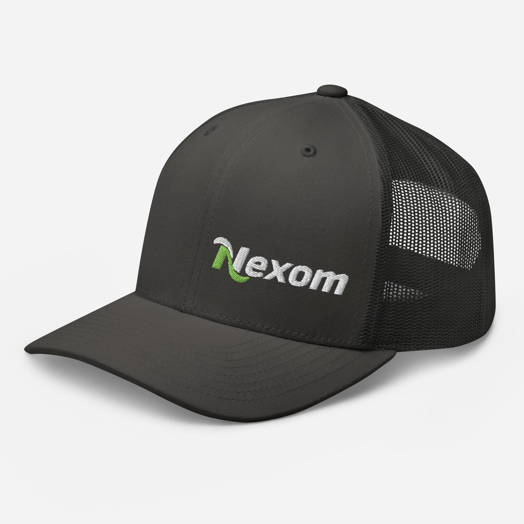 Side angle of structured trucker cap with left-placed logo and breathable mesh panel in Charcoal