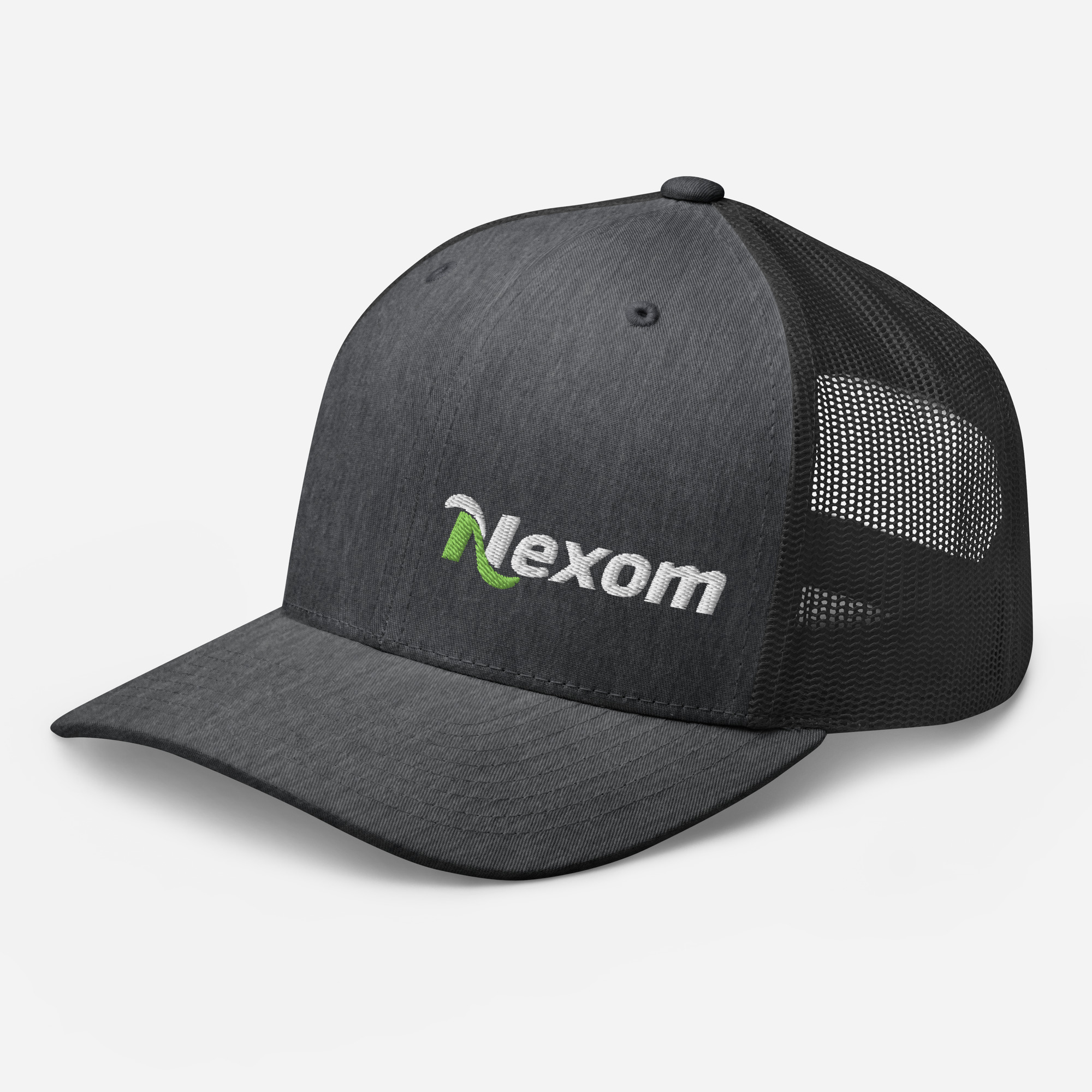 Side angle of structured trucker cap with left-placed logo and breathable mesh panel in dark heather grey