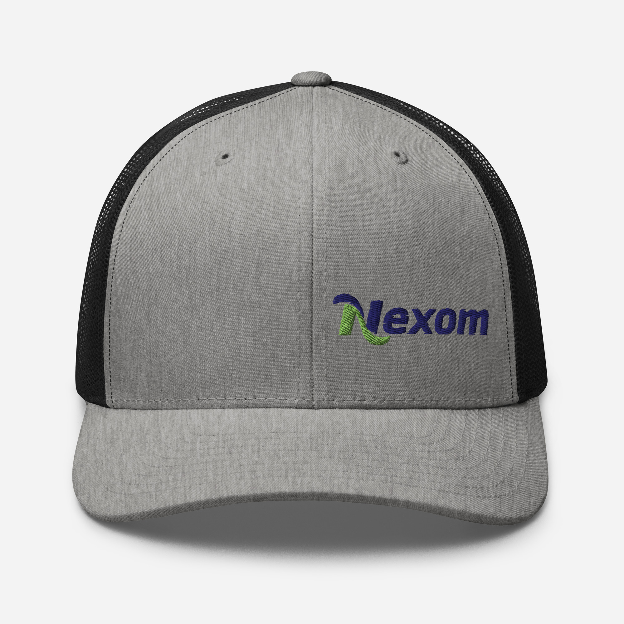 Front view of trucker cap with offset embroidered logo on left panel and mesh back in Heather-grey and black