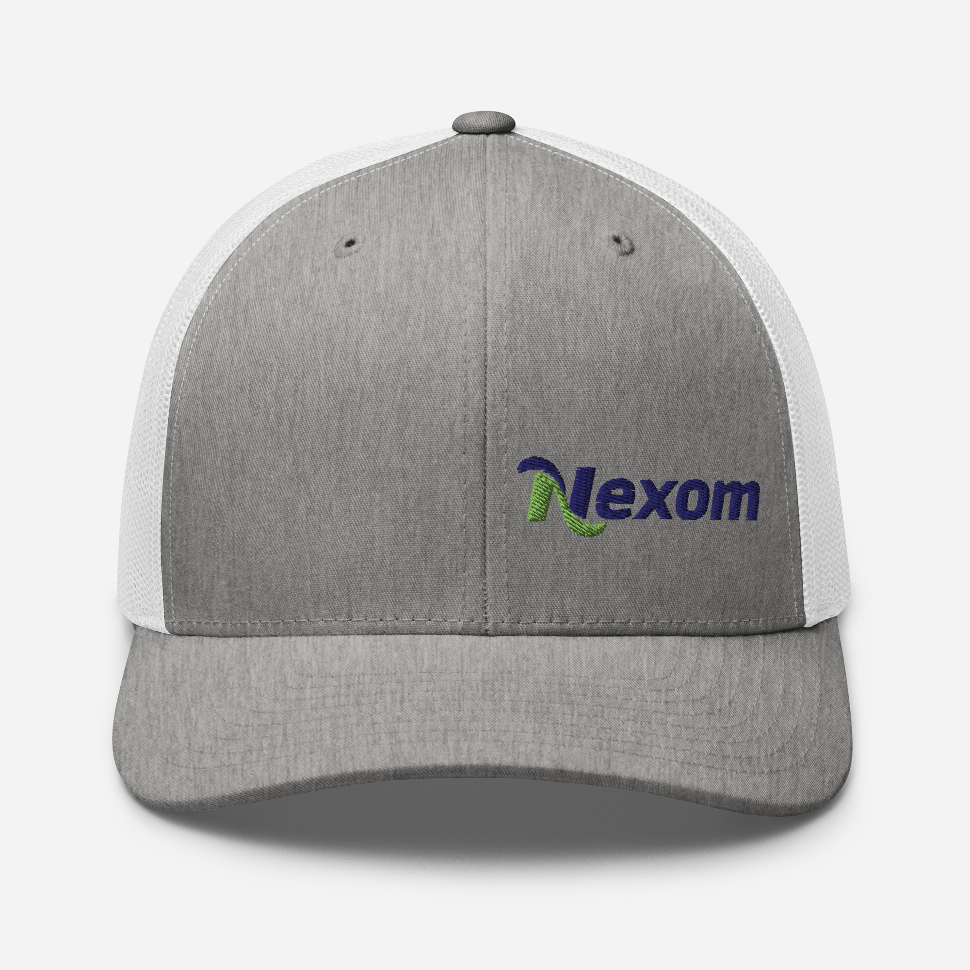 Front view of trucker cap with offset embroidered logo on left panel and mesh back-heather Grey and White