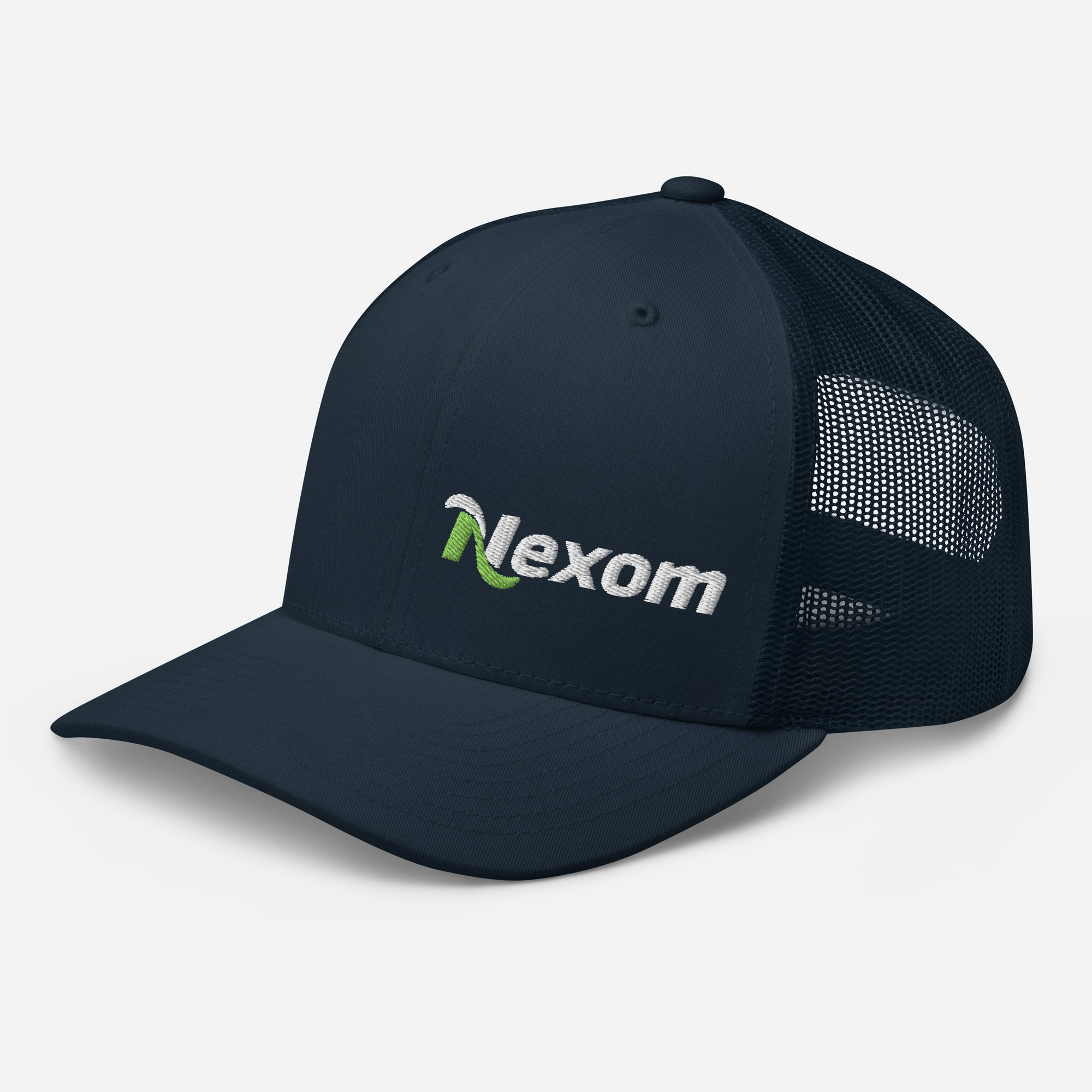 Side angle of structured trucker cap with left-placed logo and breathable mesh panel in Navy