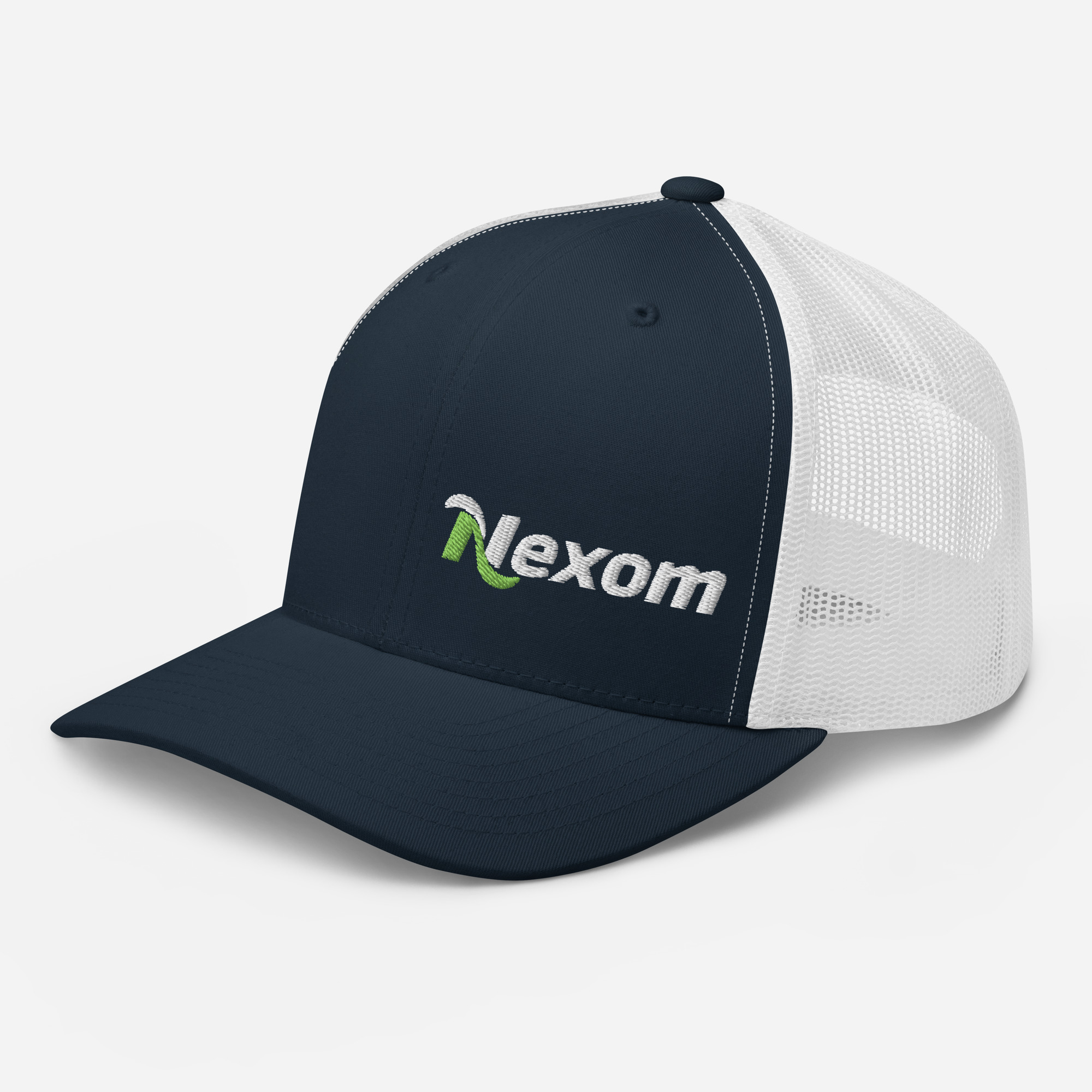 Side angle of structured trucker cap with left-placed logo and breathable mesh panel in Navy and White