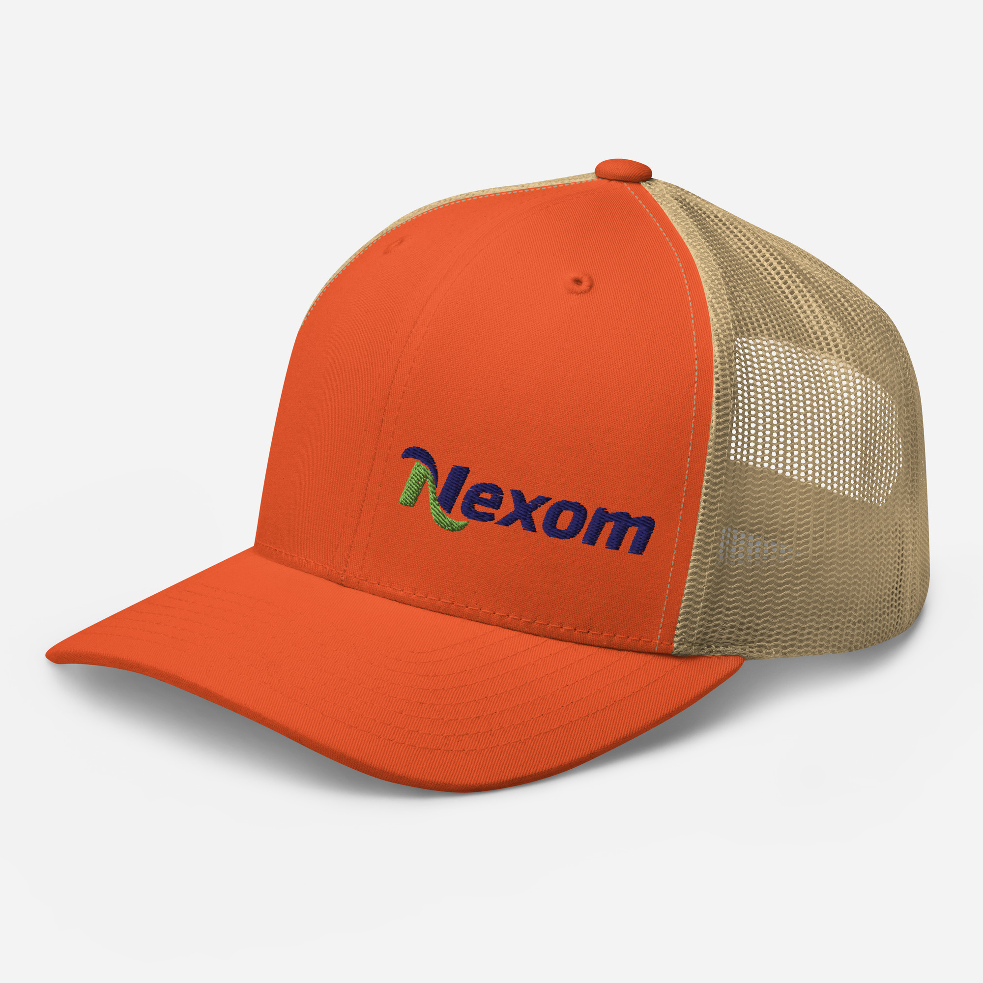 Front view of trucker cap with offset embroidered logo on left panel and mesh back in Burnt Orange and Khaki