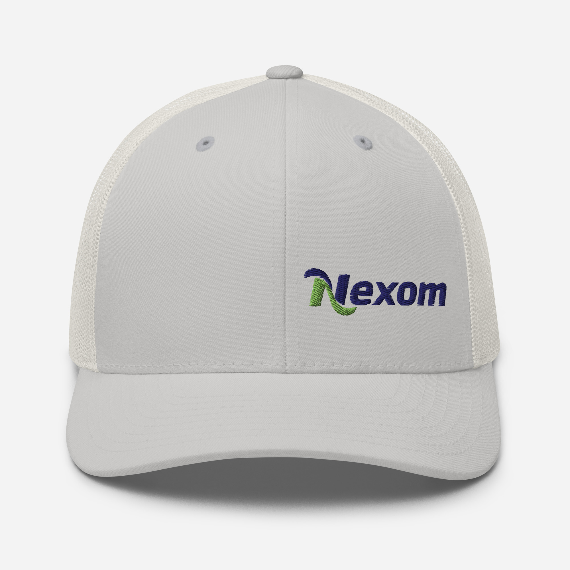 Front view of trucker cap with offset embroidered logo on left panel and mesh back in Silver