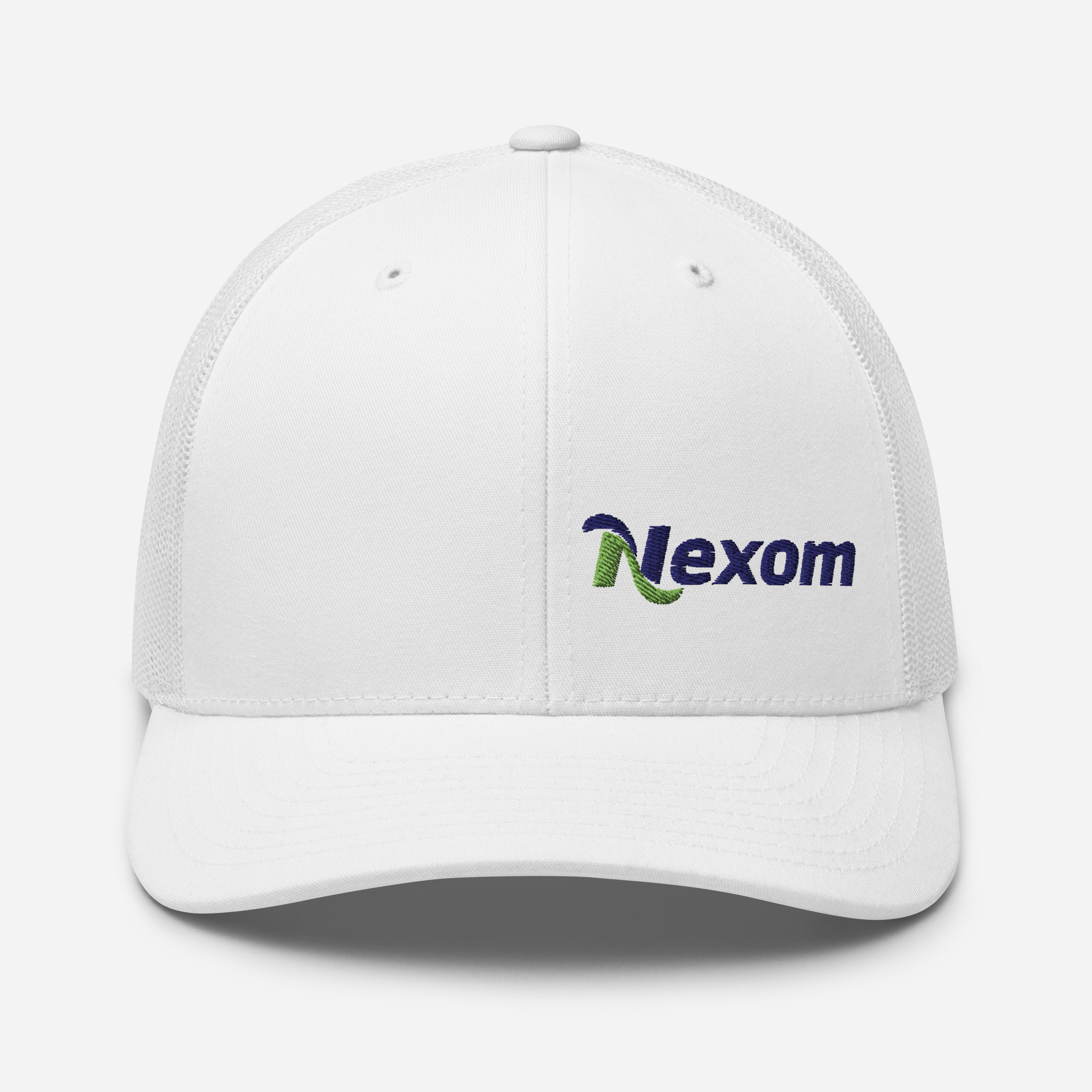 Front view of trucker cap with offset embroidered logo on left panel and mesh back in White