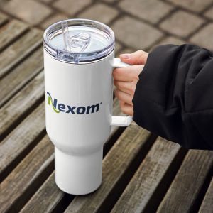 Nexom Stainless Steel 40oz travel mug with handle, lid and straw and logo