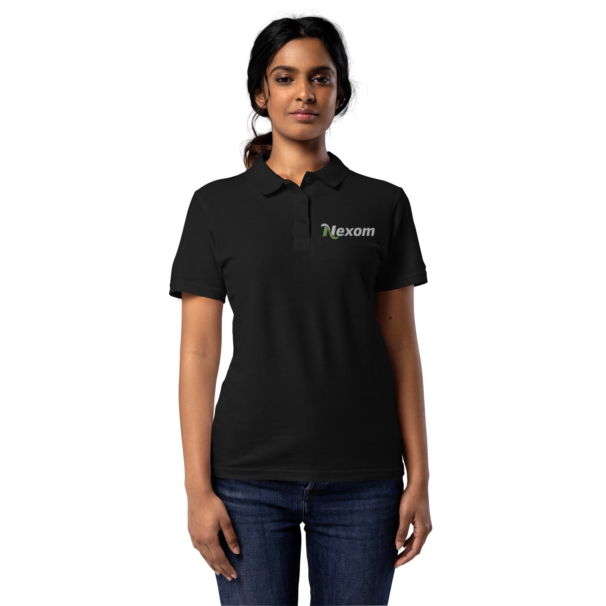 Front view of Nexom women’s piqué polo shirt with classic collar and dyed-to-match buttons in black