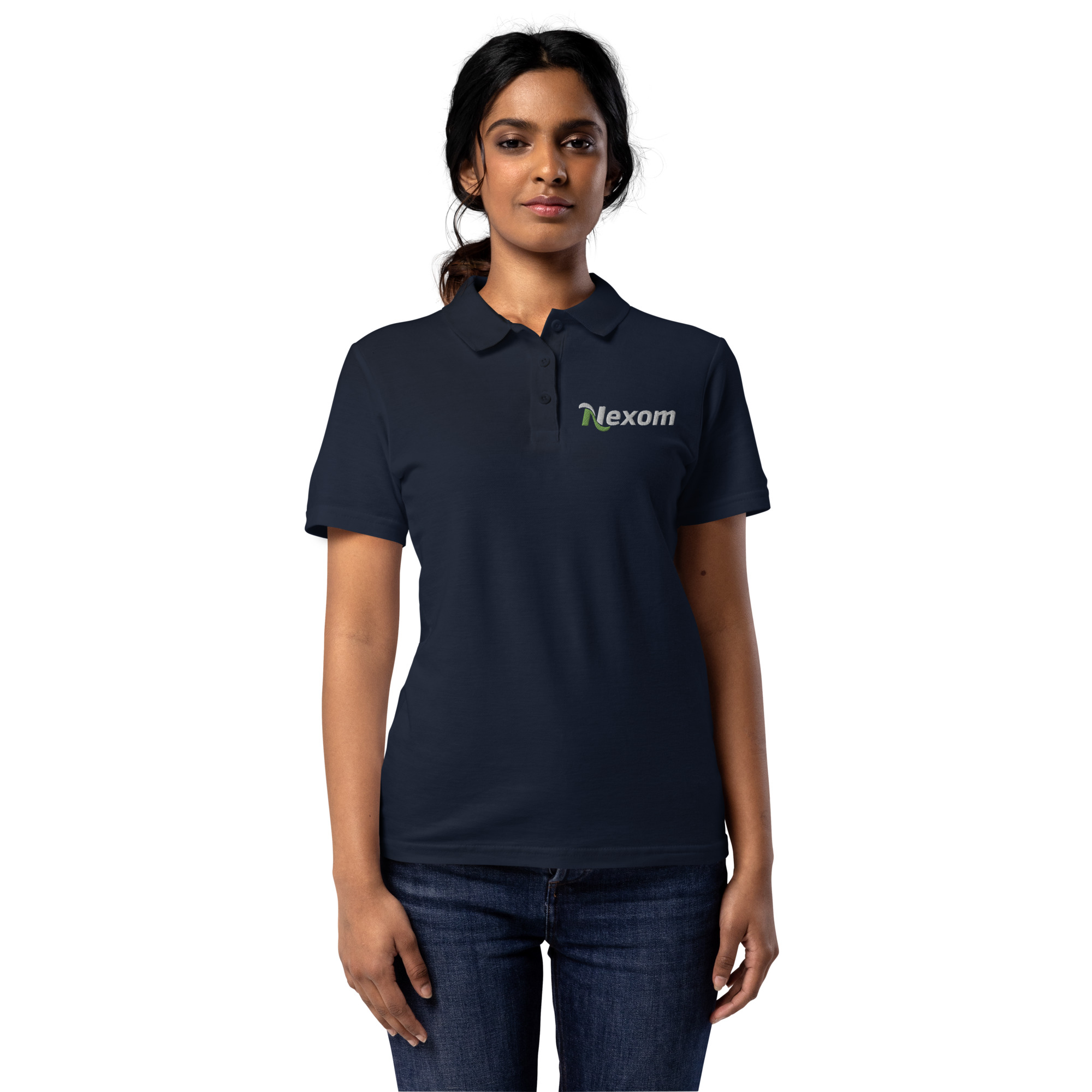Front view of Nexom women’s piqué polo shirt with classic collar and dyed-to-match buttons in Navy