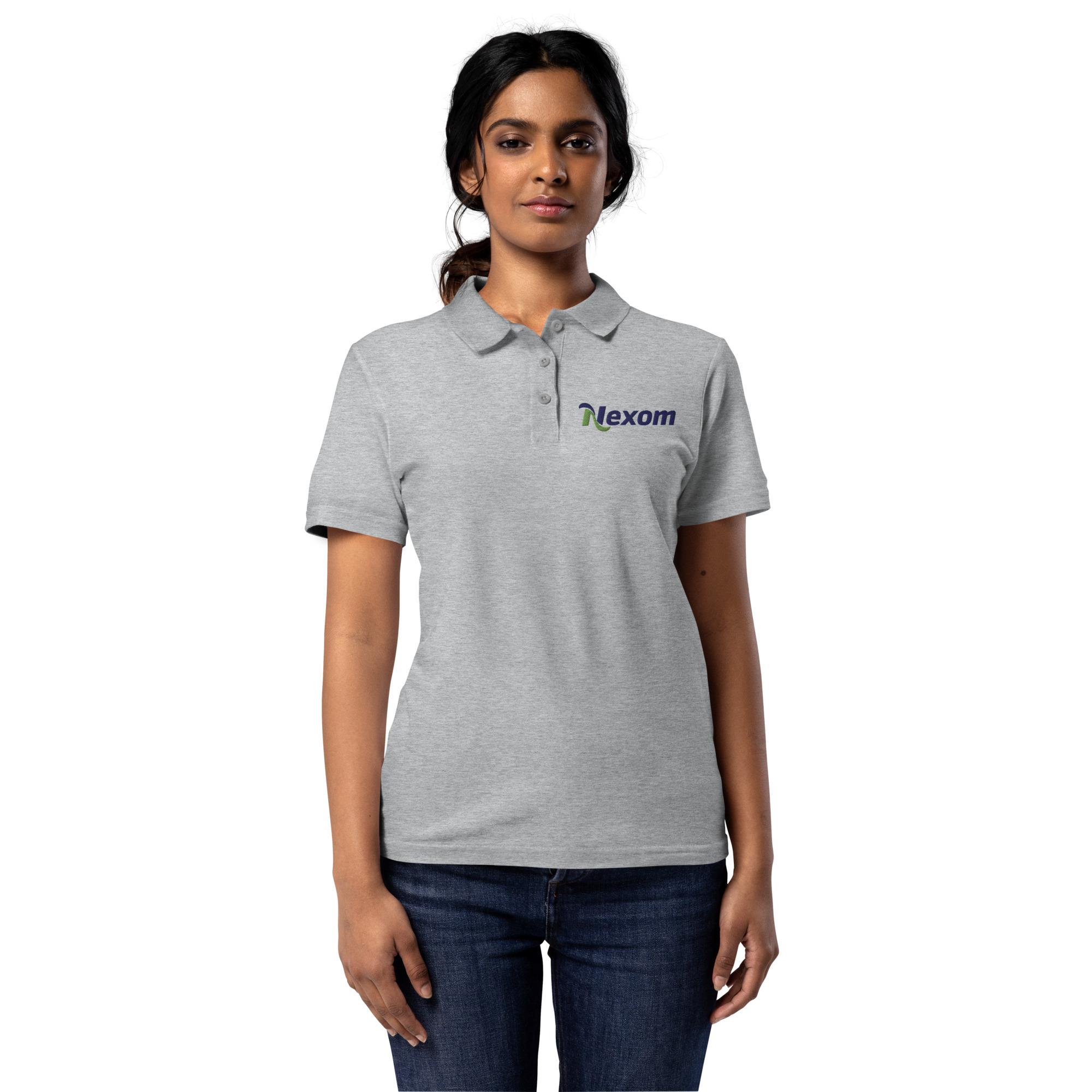 Front view of Nexom women’s piqué polo shirt with classic collar and dyed-to-match buttons in sport grey