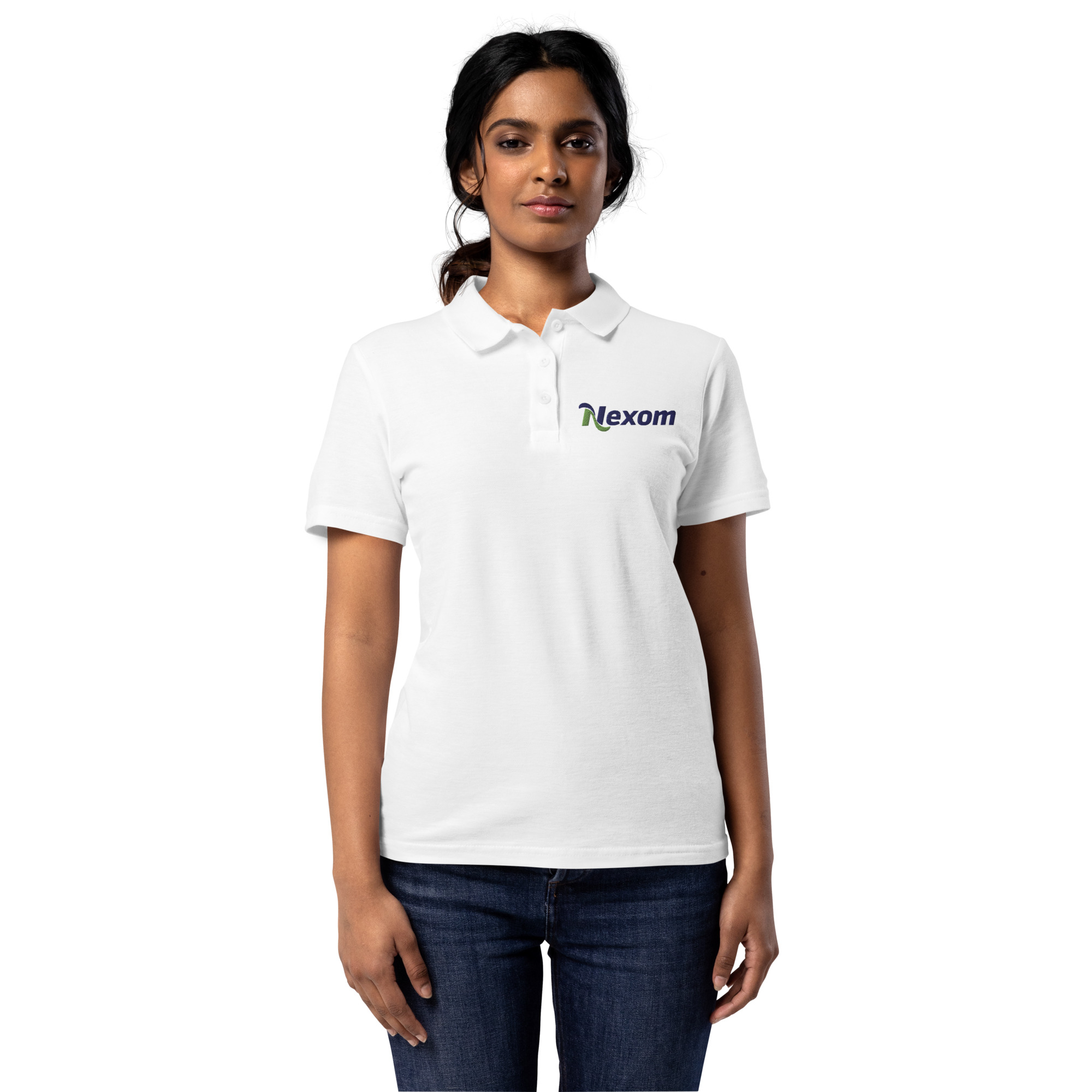 Front view of Nexom women’s piqué polo shirt with classic collar and dyed-to-match buttons in white
