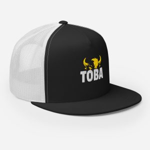 Black and white flat bill trucker hat Toba logo