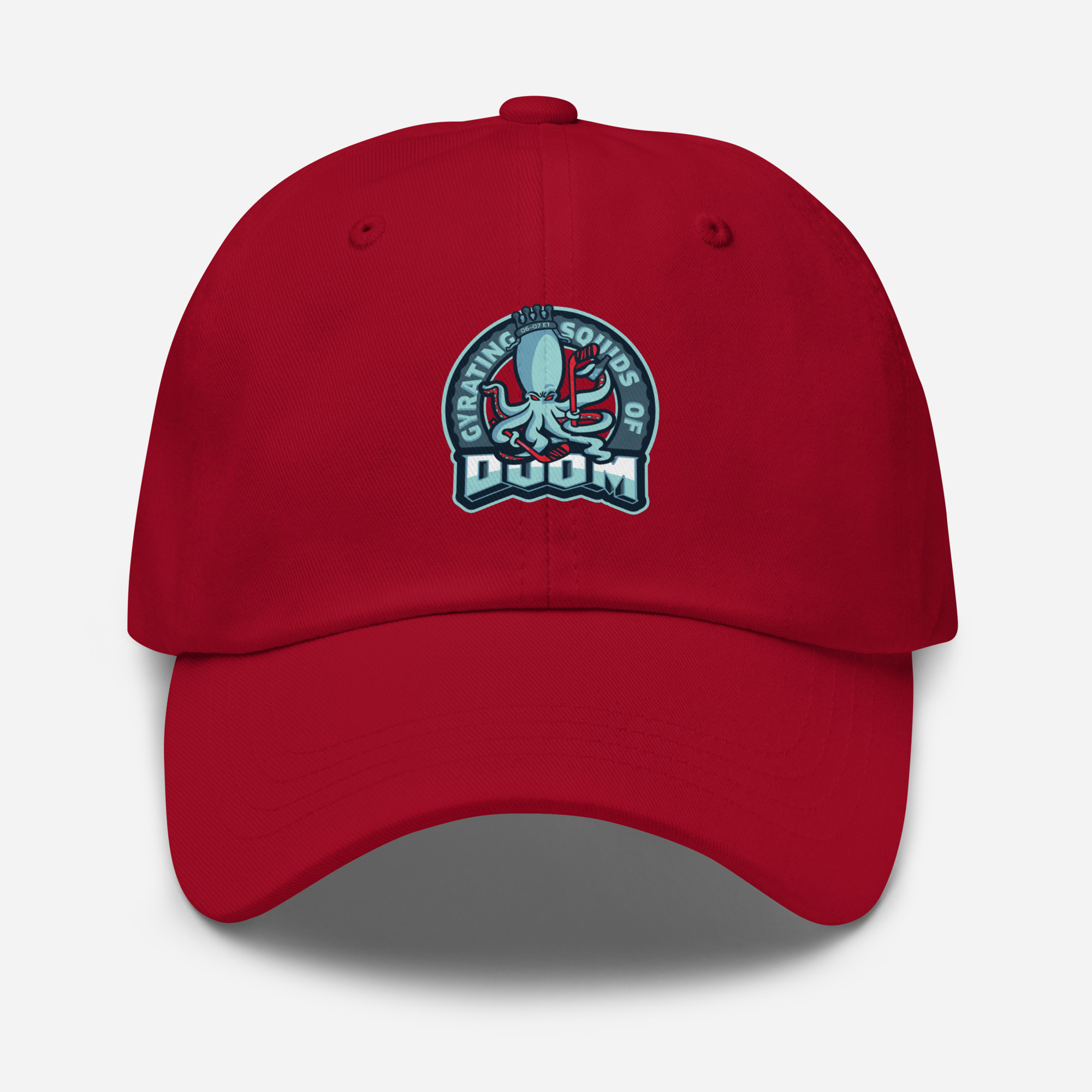 Classic Dad Hat Squids of Doom logo in Cranberry