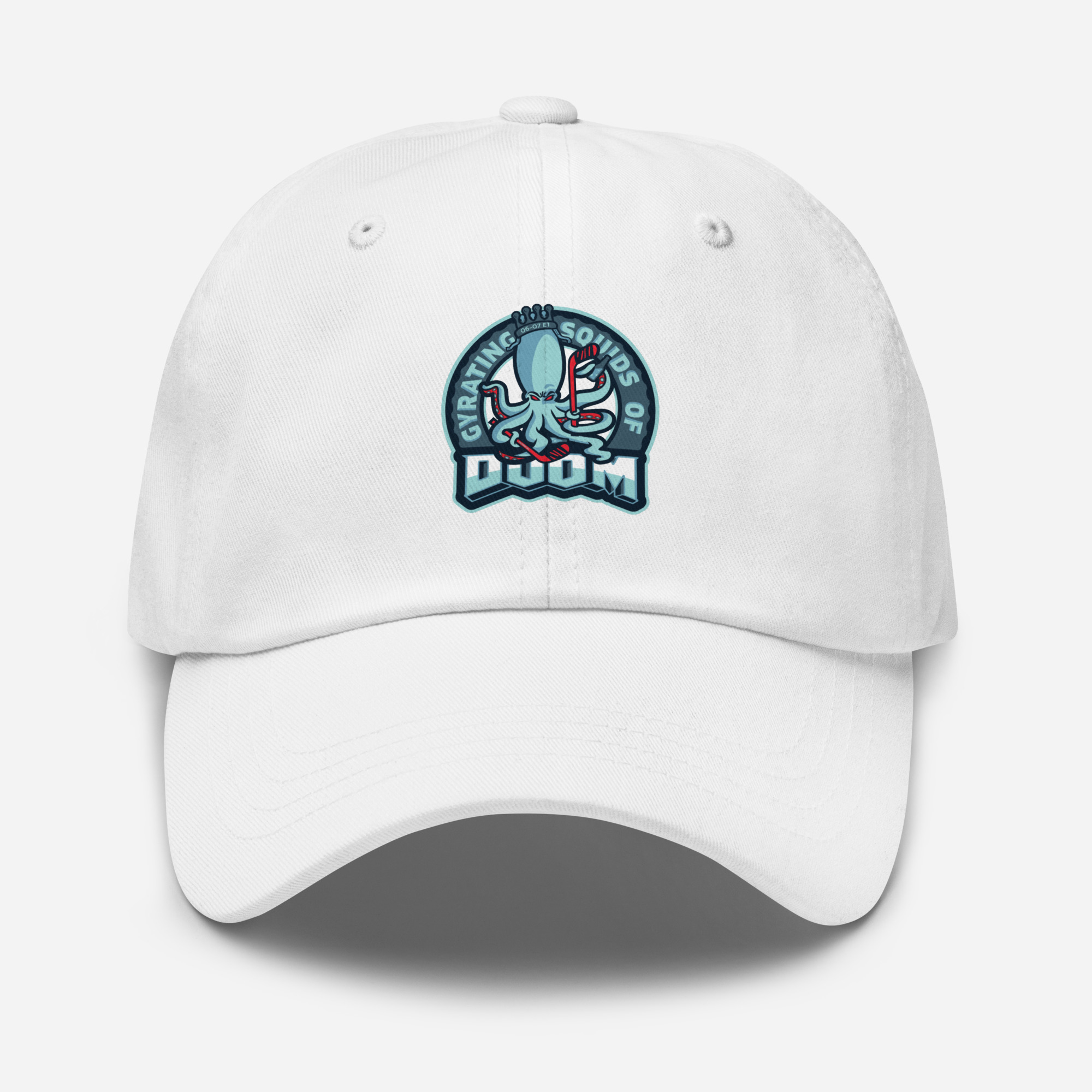 Classic Dad Hat Squids of Doom logo in White