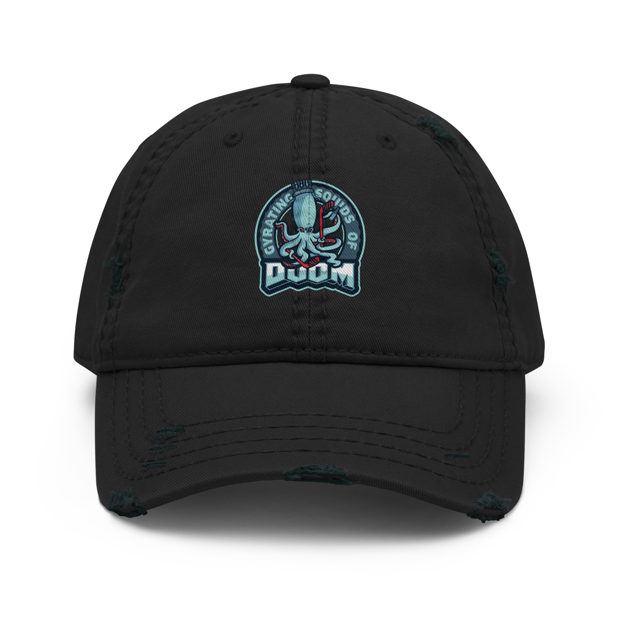 Distressed Dad Hat Gyrating Squids of Doom in Black with Printed Logo