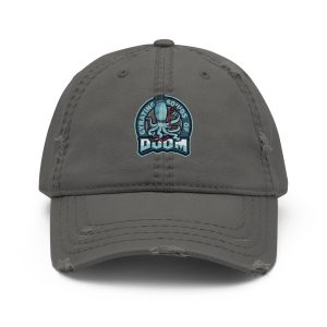 Distressed Dad Hat Gyrating Squids of Doom in Charcoal Grey with Printed Logo
