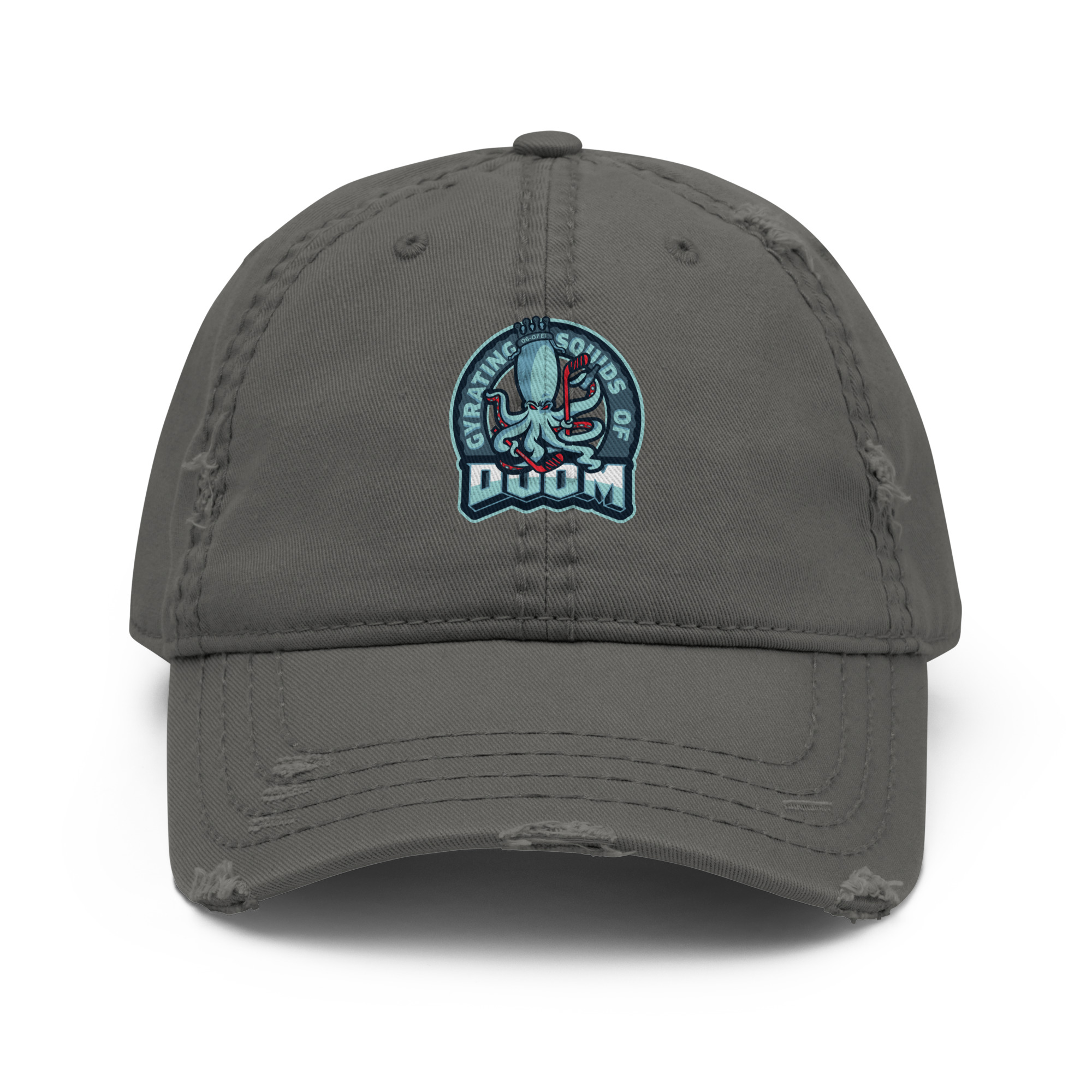 Distressed Dad Hat Gyrating Squids of Doom in Charcoal Grey with Printed Logo