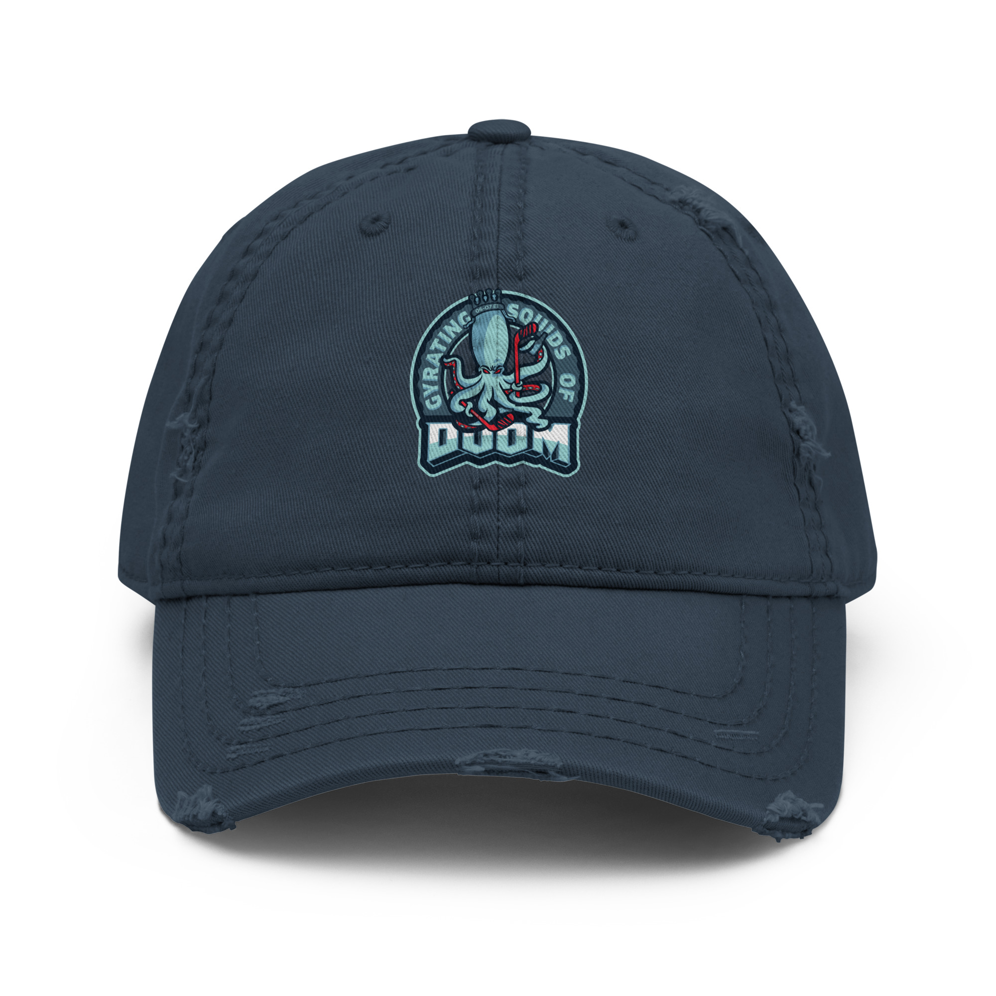 Distressed Dad Hat Gyrating Squids of Doom in Navy with Printed Logo